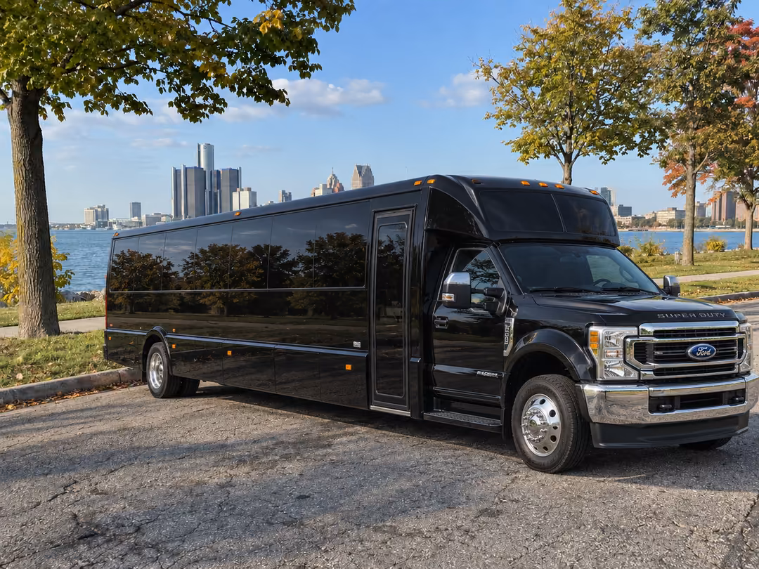 Detroit specialty party bus with restroom rental exterior