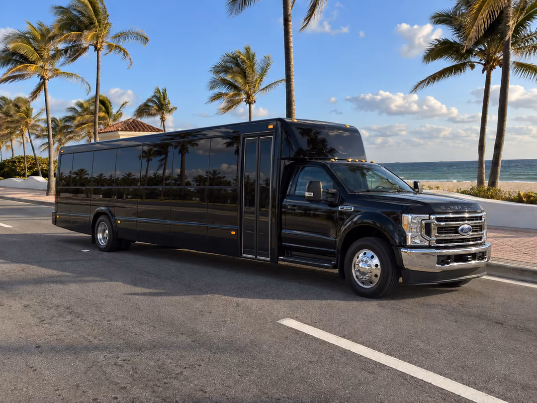 Fort Lauderdale specialty party bus with restroom rental exterior