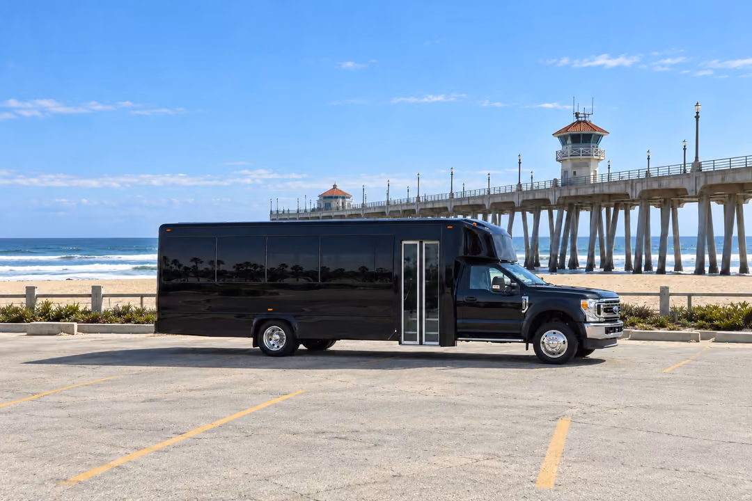 Huntington Beach 28 passenger party bus rental exterior