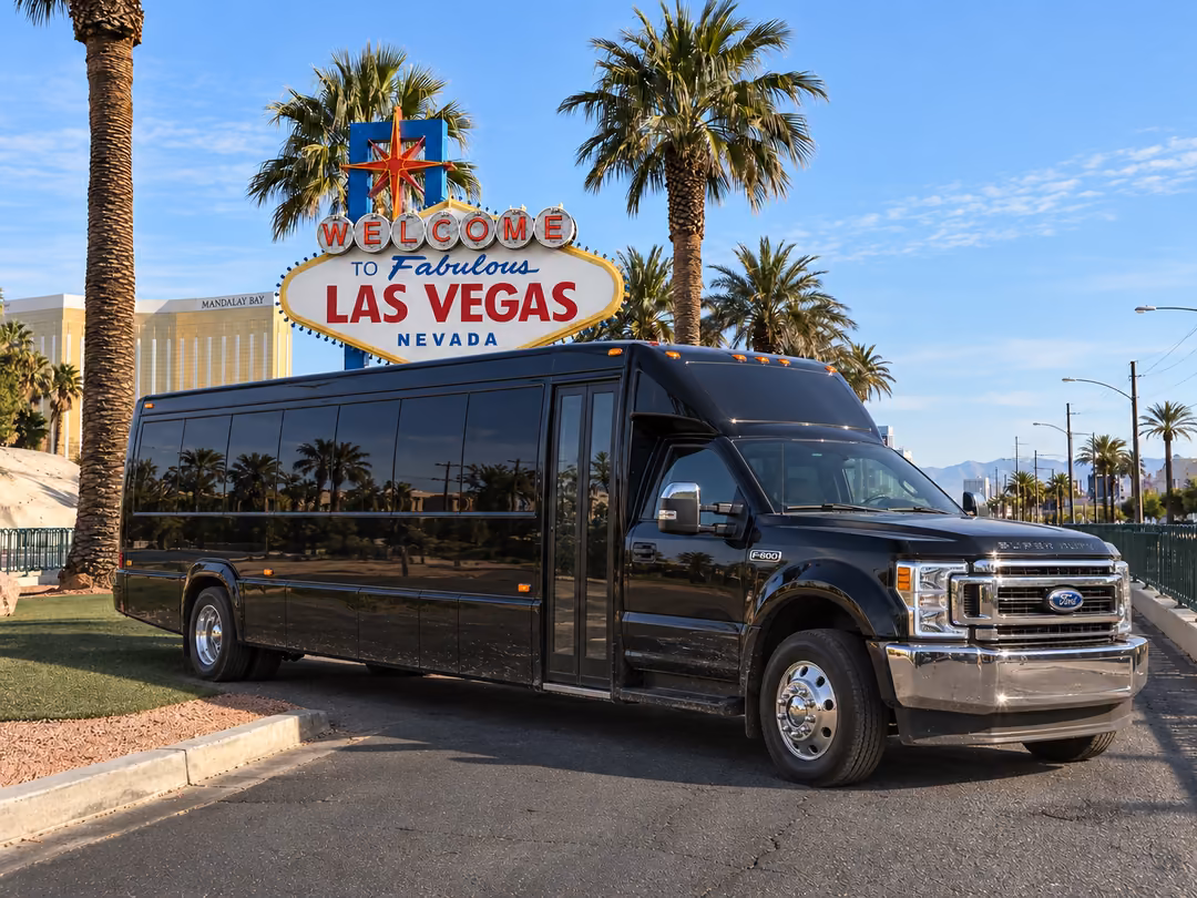 Las Vegas specialty party bus with restroom rental exterior