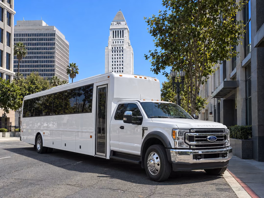 Los Angeles specialty party bus with restroom rental exterior