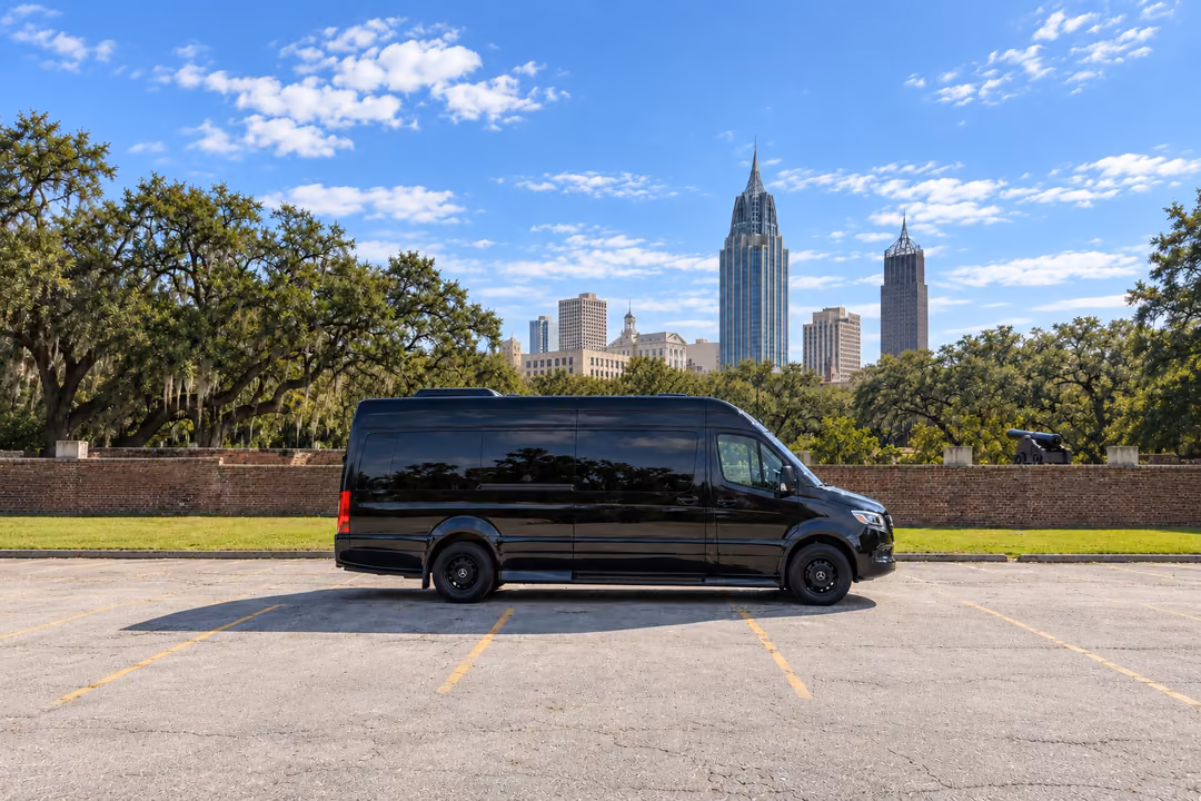 Mobile 14 passenger Sprinter limo rental exterior