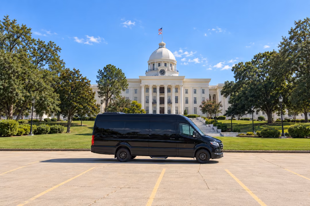 Montgomery 14 passenger Sprinter limo rental exterior