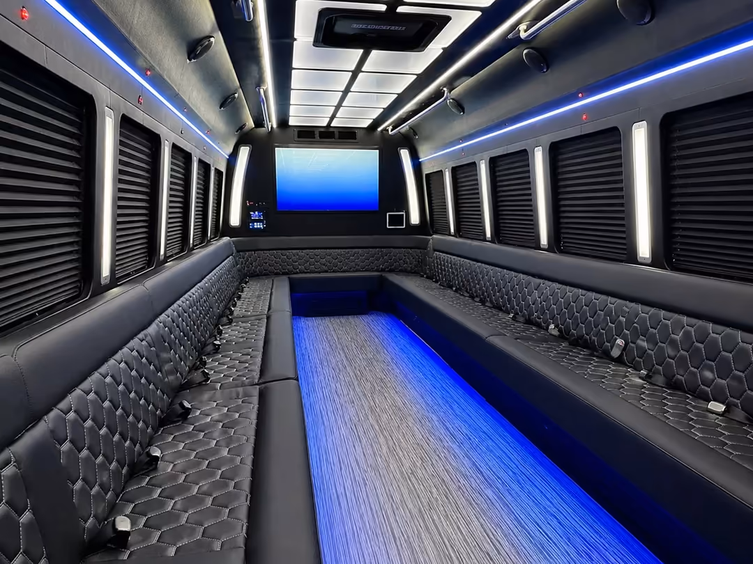 Newark NJ specialty party bus with restroom rental interior