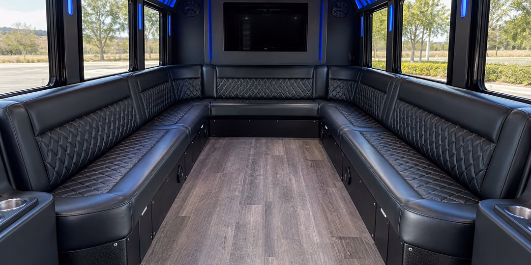 Party bus leather perimeter seating or wrap around seating