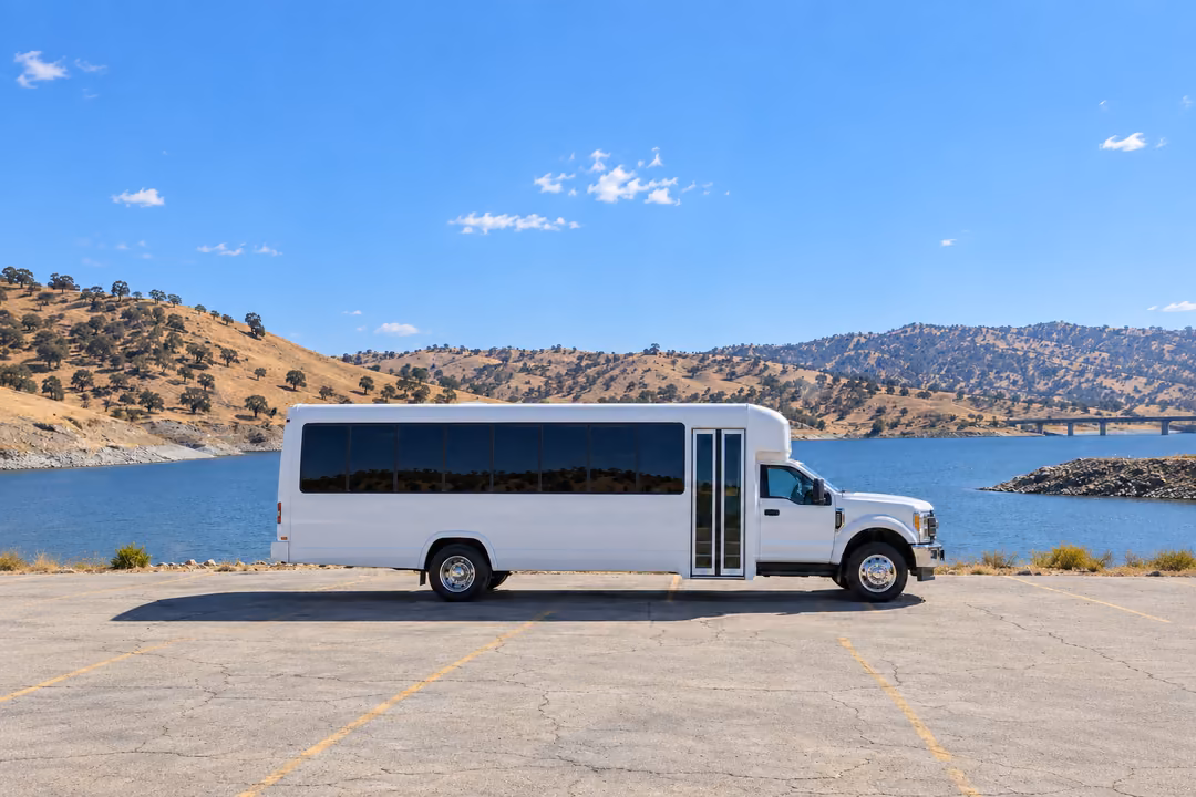 Porterville 25 passenger party bus rental exterior