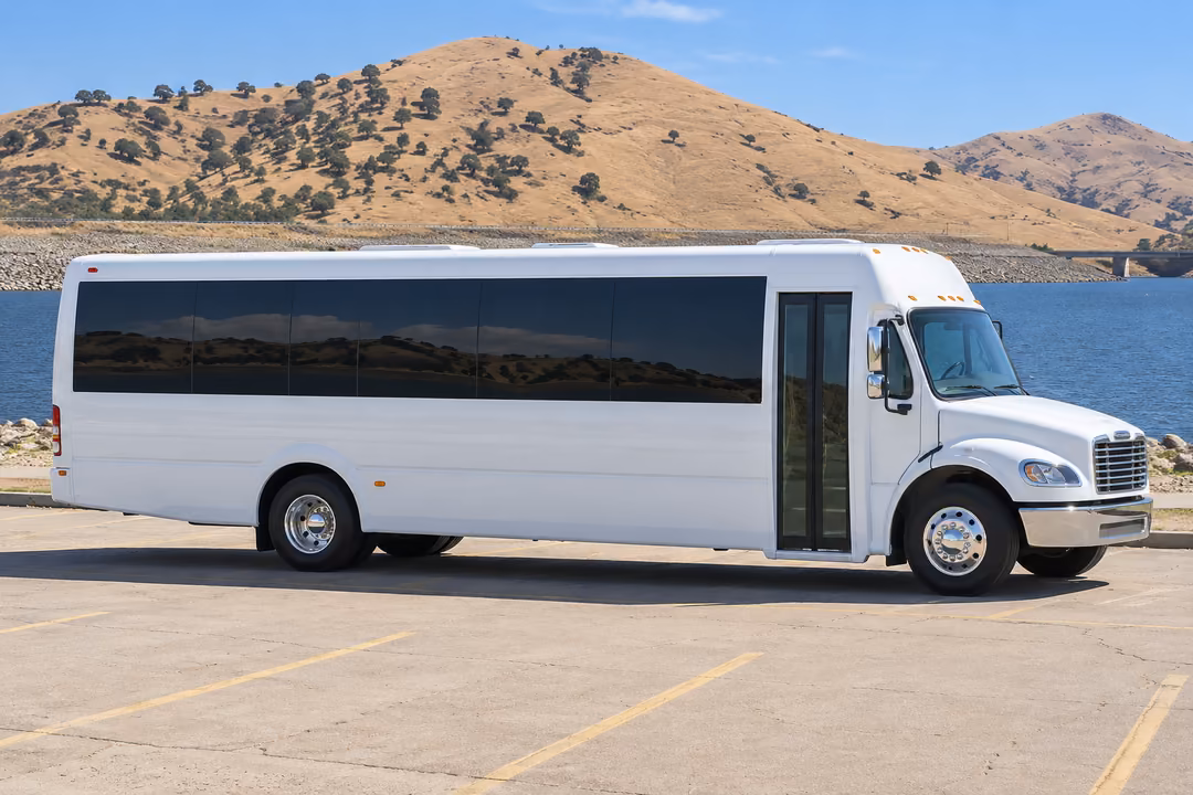 Porterville 50 passenger party bus rental exterior
