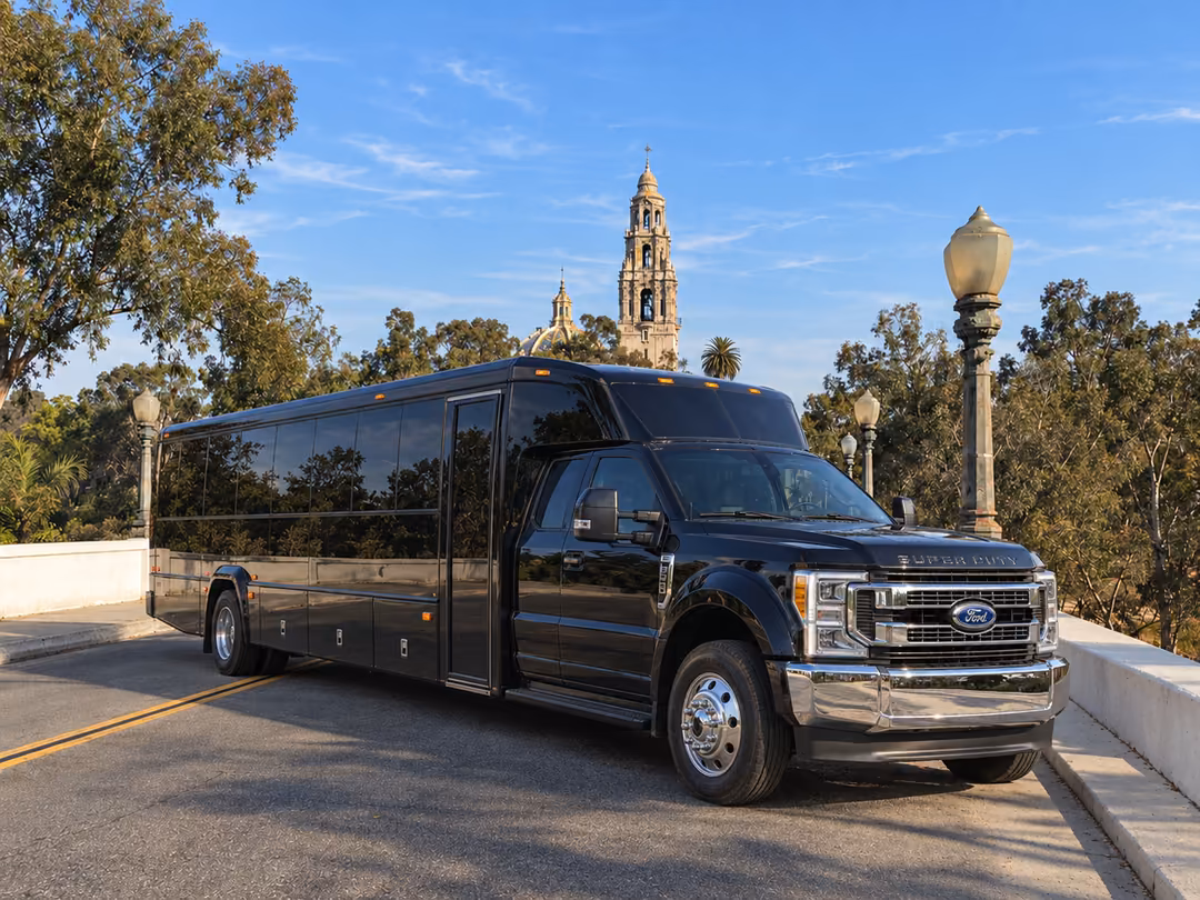 San Diego specialty party bus with restroom rental exterior