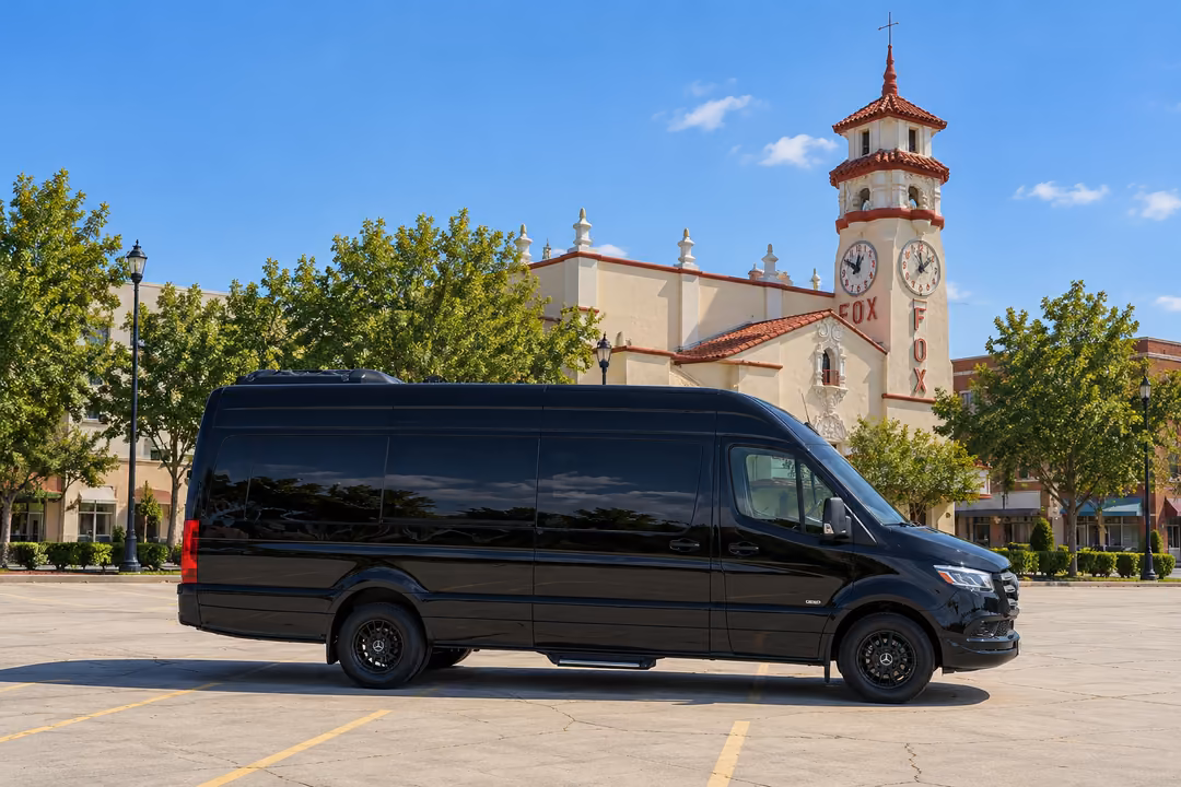 Visalia 14 passenger Sprinter limo rental exterior