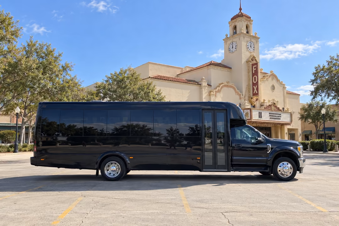Visalia 28 passenger party bus rental exterior