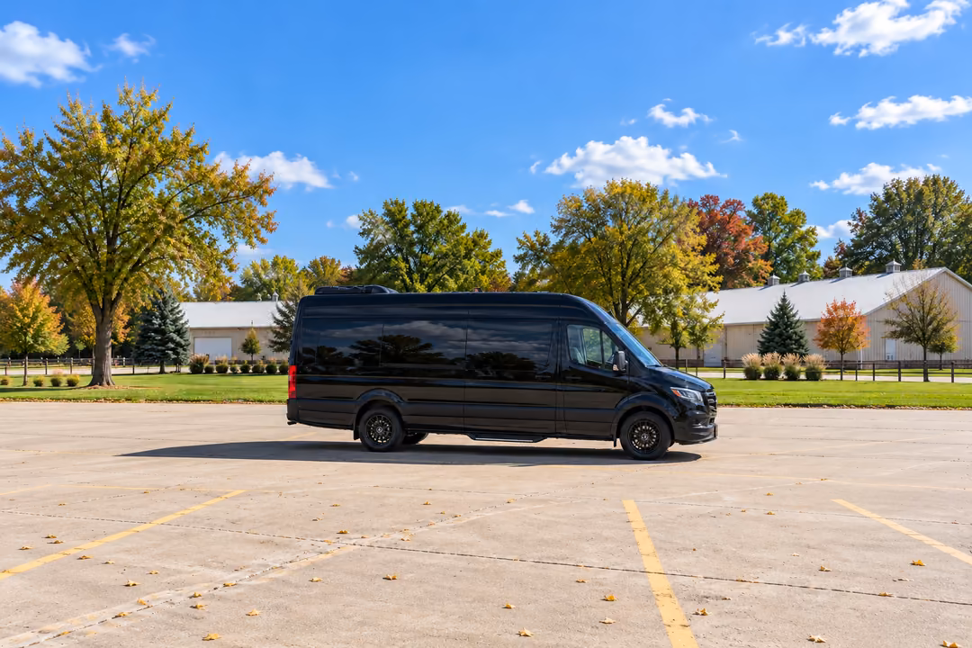 Wheaton 14 passenger Sprinter limo rental exterior