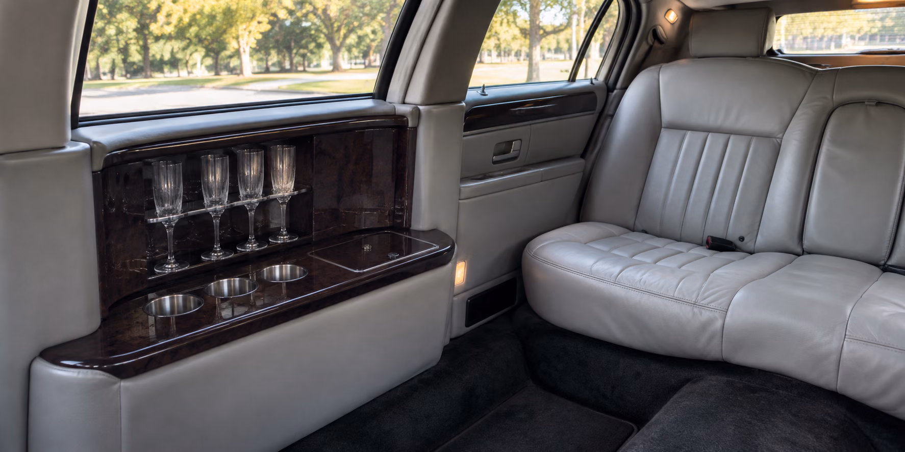 limousine full bar with ice bins and glassware